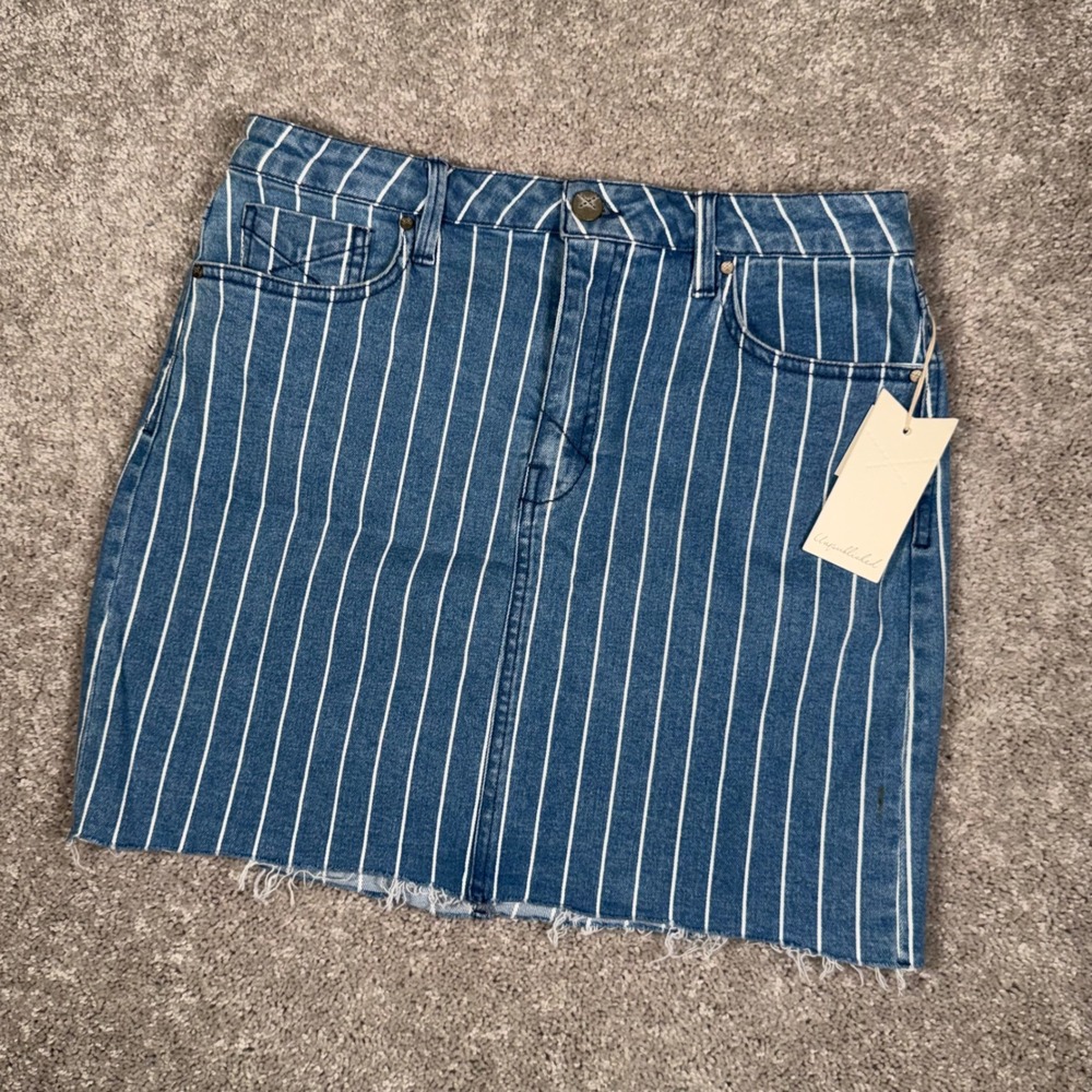 NWT Unpublished Nico High Waist Mini Skirt 29 Blue White‎ Stripe Denim Raw Hem